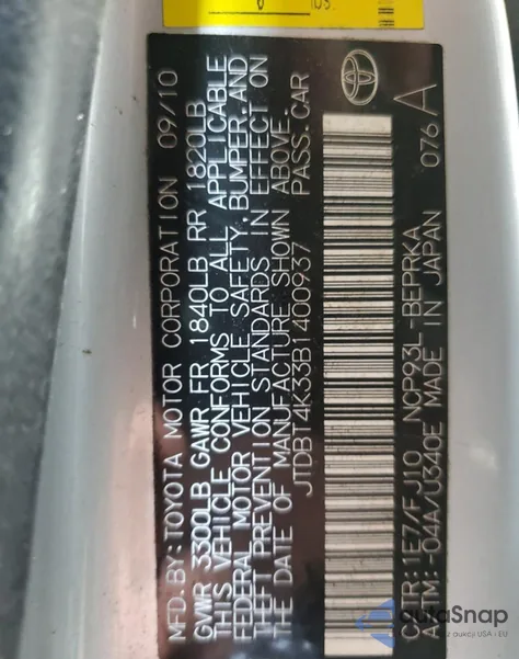 2011 Toyota Yaris из США, поврежденный, VIN JTDBT4K33B1400937